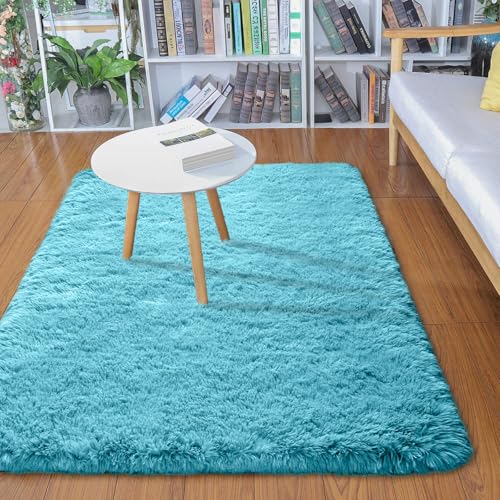 Merelax Modern Soft Fluffy Small Shaggy Rug for Bedroom Livingroom Dorm Kids Room Indoor Home Decorative, Non-Slip Plush Furry Fur Area Rugs Comfy Nursery Accent Floor Carpet 2x3 Feet, Teal - color: Teal, size: 2' x 3' (Rectangular)