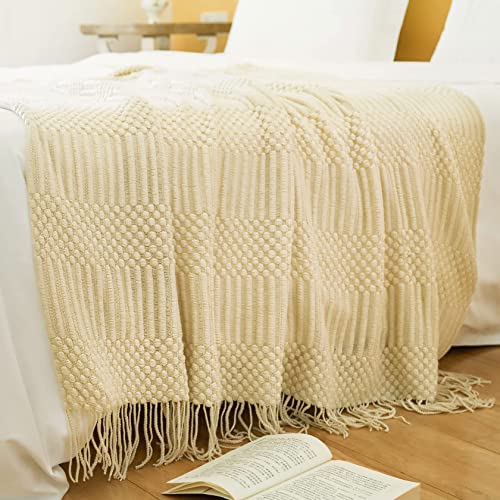 Blagic Knitted Throw Blanket for Couch, Bed and Sofa. Super Soft Blanket with Tassels, Beige Throw Blanket, 60 x 80Inches Lightweight & Cosy Home Decor - color: H-beige, size: 60 × 80 in