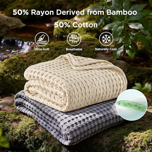 Bedsure Cooling Cotton Waffle Twin XL Blanket - Lightweight Breathable Blanket of Rayon Derived from Bamboo for Hot Sleepers, Natural, 66x90 Inches - color: 01 - Natural, size: Twin XL (66" X 90")