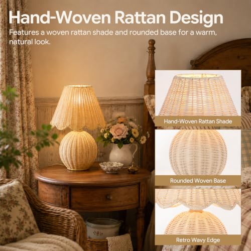 BySea Meadow Woven Desk Lamp, Natural Rattan Boho Nightstand Lamp for Bedroom, Hand-Woven Small Table Lamp with Warm Amber Glow, Rustic Bedside Light for Living Room, Nursery, 1.95m Long Cord