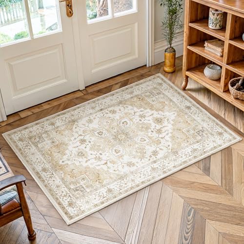 AMADA HOMEFURNISHING 2x3 Washable Area Rug, Low-Profile Entryway Rug with Non-Slip Backing & Durable Edge Binding, Vintage Rug Pattern, Small Rugs for Entryway, Kitchen & Living Room - color: Beige, size: 2' x 3' (Runner)