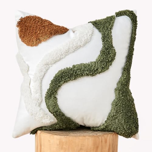 lifein 18x18 Pillow Covers-Throw Pillow Covers Boho Couch Pillows Embroidered Decorative Accent Pillows Mid Century Textured Pillowcases for Couch Sofa Living Room Bed (Olive Green and Cream) - color: C-cr711-g(1 Pack Without Pillow Insert), size: 18" x 1
