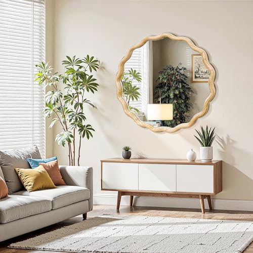Circle Wood Mirrors for Wall, Wavy Round Bathroom Scalloped Mirror Wooden Frame 28 Inch for Living Room Farmhouse Bedroom Hallway Entryway Living Room with Shatterproof Glass Wall Mounted - size: 28"L x 28"W