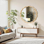 Circle Wood Mirrors for Wall, Wavy Round Bathroom Scalloped Mirror Wooden Frame 28 Inch for Living Room Farmhouse Bedroom Hallway Entryway Living Room with Shatterproof Glass Wall Mounted - size: 28"L x 28"W
