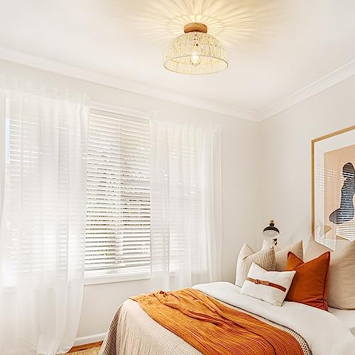 Boho Ceiling Light Fixture Rattan Flush Mount Ceiling Light Bedroom Chandelier Hand-Woven Lamp Shade Wooden Base Small Chandelier Boho Ceilings Lamp for Hallway Nursery Kitchen - color: Cream white-Ceiling light