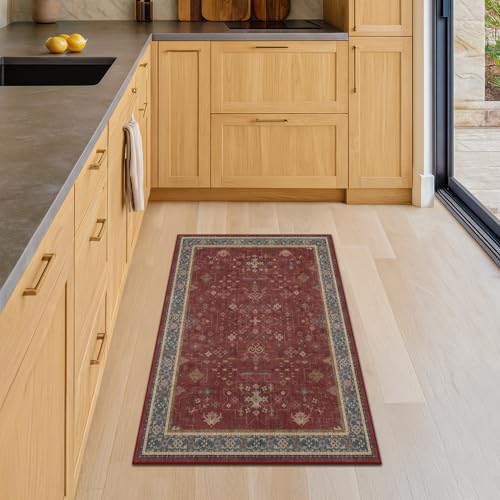 Hazo Haus Burgundy 2x4 Washable Entry Rug for Inside House, Kitchen Floor, Thin Door Mats for Inside Entry, Washable Non Slip Low Pile Stain & Fade Resistant, Modern Eclectic Floral Decor - color: Burgundy, size: 2' x 4' (Rectangular)
