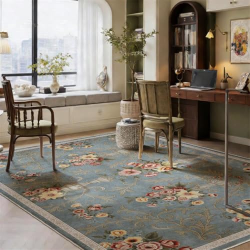 Helthep 5 * 7 Blue Floral Washable Rug, Vintage Area Rug with Non-Slip Backing, Soft Low Pile Floral for Living Room Bedroom Dining Room Home Office, Pet Friendly Easy Care Rug - color: Blue, size: 5' x 7' (Rectangular)