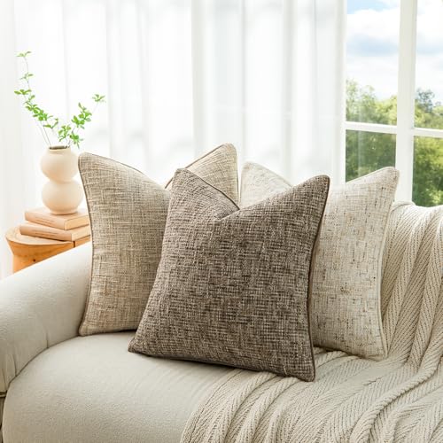 a moment Brown Reversible Pillow Covers 2 Pack - Farmhouse Chenille Throw Pillows, Neutral Textured Decorative Throw Pillow Covers with Border for Couch Sofa Bed (12x20 Inch, No Insert) - color: Brown, size: 20" x 12" (Pack of 2)