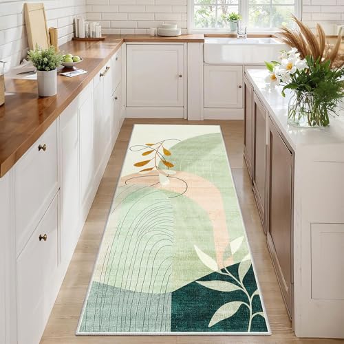 MUJOO Washable 2x6 Runner Rugs for Kitchen Hallway Bedside Bathroom Laundry Room Bedroom Floor,Boho Long Area Rug Non Slip Carpet Throw Rug Mid Century Modern Abstract Botanical Geometric Green - color: Green（modern）, size: 2' x 6' (Rectangular)