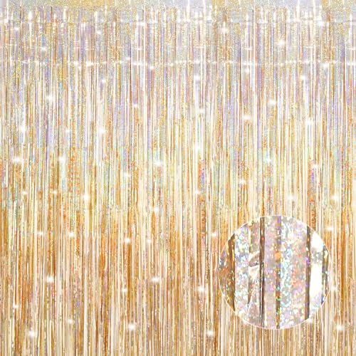 Crosize 2 Pack 3.3 x 9.9 ft Laser Champagne Gold Foil Fringe Curtains Party Decorations,Tinsel Curtain Backdrop for Parties, Door Streamers, Glitter Streamer Backdrop for Birthday Decoration - color: Laser Champagne Gold, size: 2 Pack