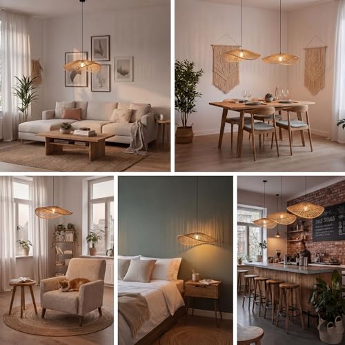 3 Set 11 Inches Cloud Shaped Rattan Pendant Light Shade, Woven Rattan Lamp Shades for Ceiling Lighting, Natural Handcrafted for Dining Room, Kitchen Ceiling(Small Cloud Lampshade)
