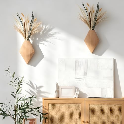 2 Pcs Bohemian Wooden Wall Planter Set with Pampas Grass Modern Farmhouse Wall Decor for Living Room, Bathroom, Bedroom, Office (Original Wood Color,Natural Style) - color: Original Wood Color, style: Natural Style