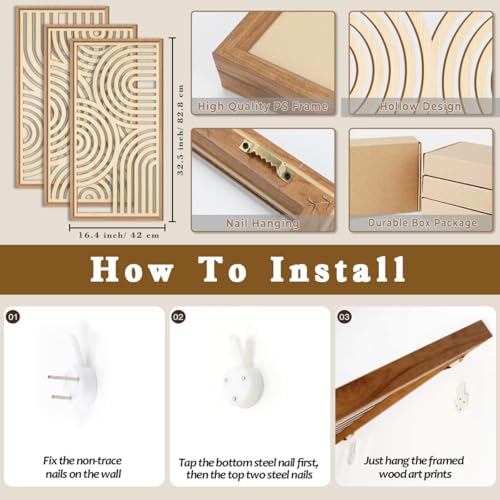 IARTTOP Large Boho Wood Wall Art Set of 3 Framed Wooden Mid-century Modern Wall Decor Minimalist Modern Abstract Geometric Decor for Living Room Bedroom Office-16x32 Inch - color: Beige Boho, size: 16 x 32 inches