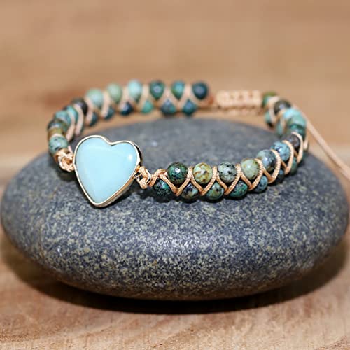 Women Boho Wrap Bracelet,Handmade Natural Stone Crystal Emperor Beads Heart Bracelet, Fashion Bohemian Jewelry Gift for Women - color: African Turquoise 2#