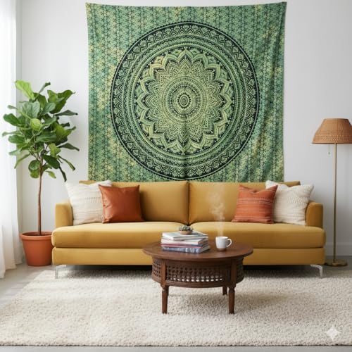 FURNISHFUL FINESSE Handmade Cotton Mandala Wall Tapestry - Green Ombre Boho Wall Decor, Indian Boho Bohemian Hippie Room Hanging for Bedroom, Dorm & Living Room Aesthetic - 30X40, Green - color: Green, size: 40"L x 30"W