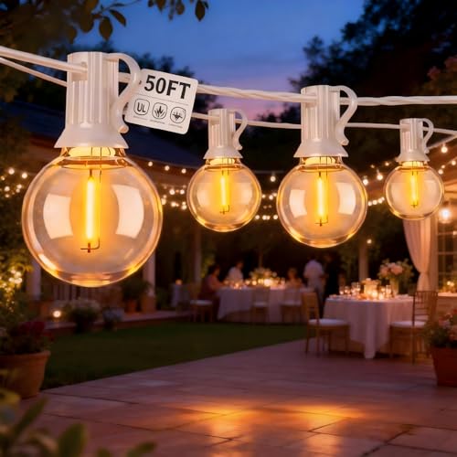 Abeja LED Outdoor String Lights, 50FT G40 Patio String Lights with 52 Dimmable Shatterproof Bulbs, Waterproof Backyard Outdoor Hanging Lights for Backyard, Bistro, Porch, Deck Decor - color: Warm White-White, size: 50FT