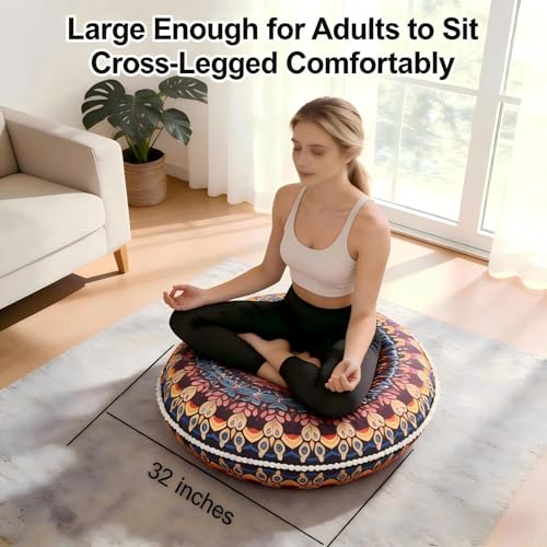 LOVMOC 32 Inch Round Floor Pillow for Adults, Large Thick Memory Foam Boho Mandala Meditation Floor Seating Cushion, Machine Washable for Living Room Outdoor Yoga Floor Sitting, Blue - color: Blue, size: 1 Count (Pack of 1)