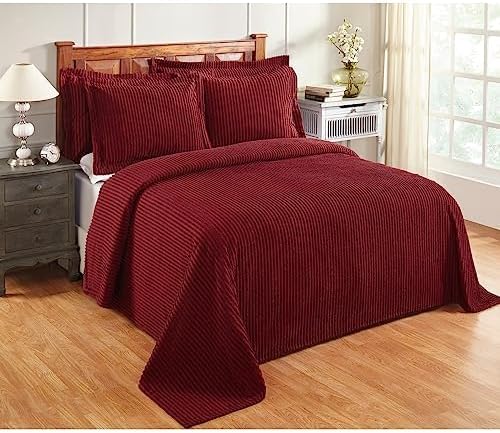 Better Trends Chenille Bedspreads King Size, Burgundy 100% Cotton Chenille Stripe Design Tufted Bedding Coverlet Soft Lightweight, 120"x110" 1 Piece Jullian Collection