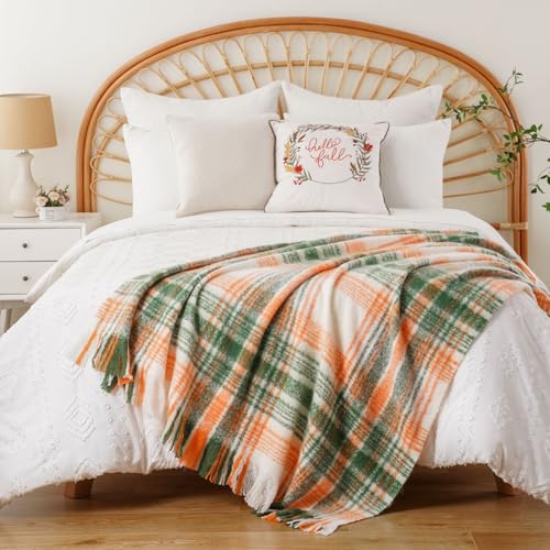 Battilo Green Plaid Throw Blanket for Couch, Fall Mohair Tartan Plaid Blanket, Farmhouse Style Orange Throw Blankets for Home Decor(50"x60") - color: Green Orange Plaid