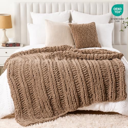 Battilo Chunky Knit Throw Blanket for Couch, Hand Made Chenille Throw Blanket, Super Soft Warm Cozy Taupe Blanket for Bed, Sofa, Living Room, 50"x60" - color: Taupe