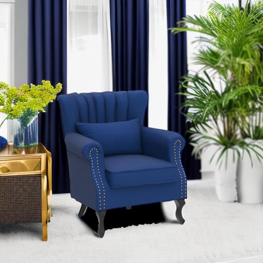 Kmax Blue Accent Chair Velvet Wingback Chair with Pillow Nail-Head Channel Tufted Oversized Club Chair for Living Room Bedroom Guest Room - color: Blue
