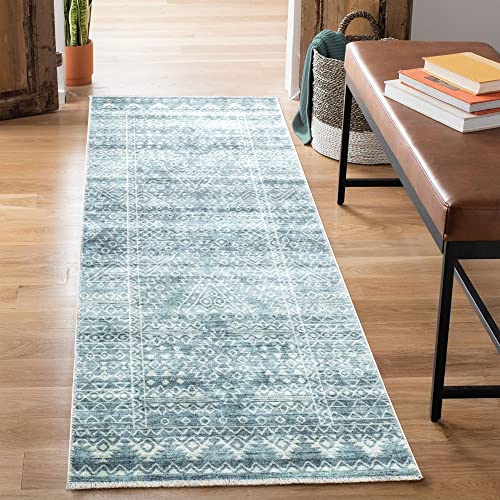 Bloom Rugs Caria Washable Non-Slip 7 ft Runner - Teal/Ivory Geometric Runner for Entryway, Hallway, Bathroom, and Kitchen - Exact Size: 2'6" x 7' - color: Teal / Ivory, size: 2'6" x 7' (Runner)