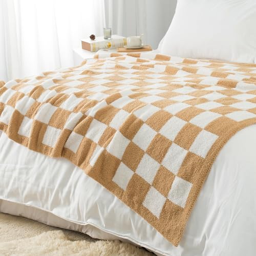 Carriediosa Checkered Throw Blanket 50" X 60", 400GSM Ultra Soft Microfiber Fuzzy Fluffy Reversible Cute Preppy Knitted Blankets Cozy Plush Fall Throws for Couch, Bed, Sofa, Tan Brown - color: Check - Tan Brown, size: 50" X 60"