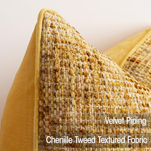 A Moment Bright Yellow Reversible Pillow Covers 2 Pack - Farmhouse Chenille Velvet Throw Pillows, Neutral Textured Decorative Throw Pillow Covers with Border for Couch Sofa Bed (16x16 Inch, No Insert) - color: Bright Yellow, size: 16" x 16" (Pack of 2)