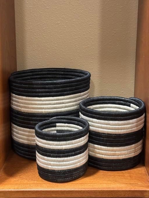African Planter Baskets Sets of 3 Woven Sisal Baskets for Indoor Plant Pots Covers Home Decor Storage Organizer Gifts Zen Designs Arts and Crafts (Stripe Black White)