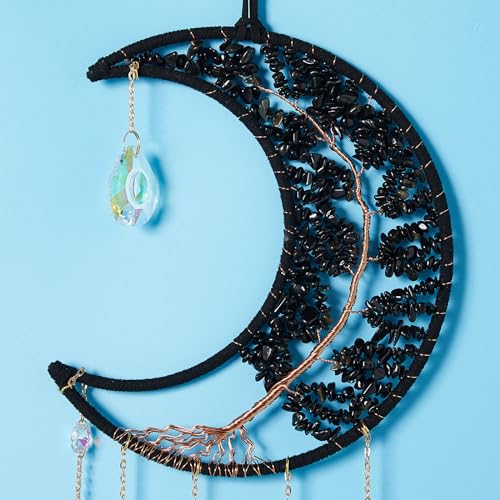 Agate Gemstone Big Dream Catcher 7 Chakra Tree of Life Dream Catcher with Crystal Stones Handmade Dreamcatcher Wall Decor for Adults Boys Girls,Bedroom,Garden,Bless Gift(Large Black Moon) - color: Large Black Moon Agate
