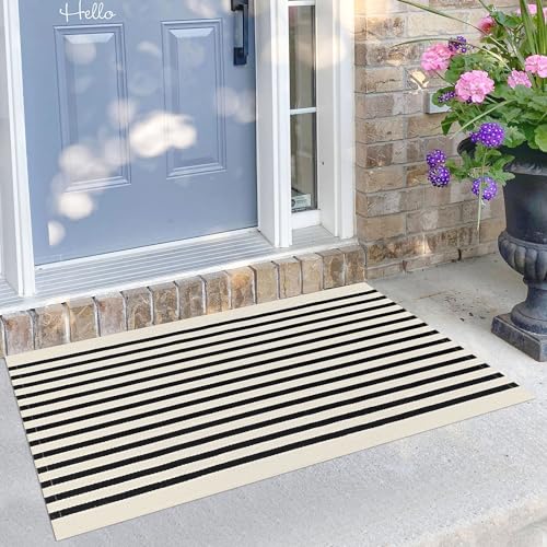 KILOCOCO Beige Striped Rug 2.3'x3.6' Indoor Outdoor Rugs Front Door Mat Hand Woven Cotton Washable Striped Layered Doormats for Front Porch/Kitchen/Farmhouse/Entryway/Patio - color: Light Beige and Black Stripe, size: 2'4" x 3'7" (Rectangular)