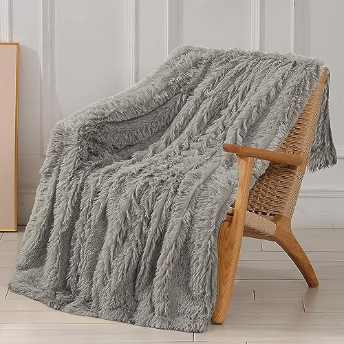 Tuddrom Decorative Extra Soft Fuzzy Faux Fur Throw Blanket 50" x 60",Solid Reversible Long Hair Shaggy Blanket,Fluffy Cozy Plush Comfy Microfiber Fleece Blankets for Couch Sofa Bedroom,Quiet Grey - color: Quiet Grey, size: Throw-50" x 60"
