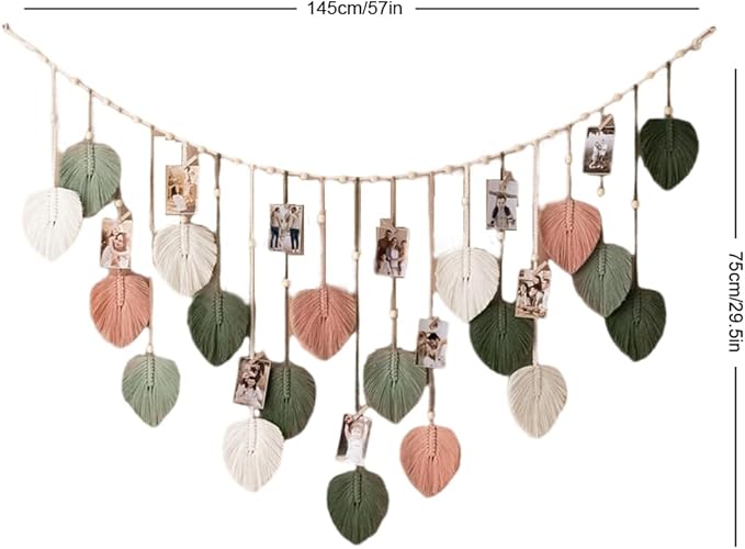 Macrame Leaves Wall Hanging 57x29.5Inch Large Chic Feather Boho Macrame Wall Decor Leaf Hanging Photo Display Handmade Woven Wall Art 19pcs Leaf Tapestry - Pink Green (Pink Green - 57*29.5in)