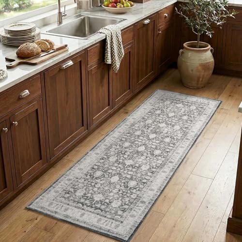 jinchan 2x6 Washable Vintage Runner Rug, Distressed Traditional Floral Kitchen Runner, Soft Low-Pile Non-Slip Floor Mat High-Traffic Aisle Hallway Rug for Entryway Laundry Room Bathroom, Grey - color: Oriental Grey, size: 2' x 6' (Runner)