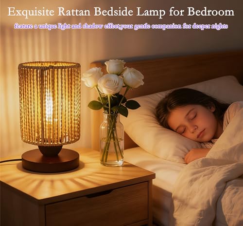 Boho Rattan Table Lamp,Handmade Woven Bamboo Wicker Nightstand Lamp,Dimmable LED Wooden Bedside Lamp, Vintage Farmhouse Small End Table Lamp,Soft Warm Light Aesthetic Decor for Bedroom Living Room - style: A