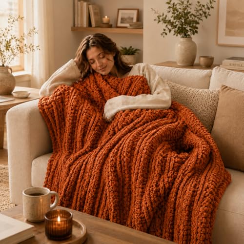 Battilo Chunky Knit Throw Blanket for Couch, Hand Made Chenille Throw Blanket, Super Soft Warm Cozy Caramel Blanket for Bed, Sofa, Living Room, 50"x60" - color: Caramel