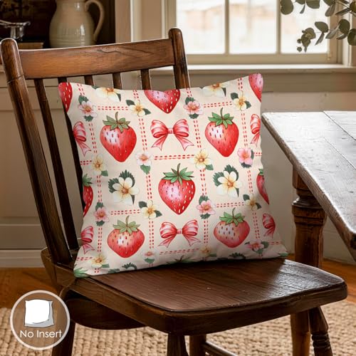 OBSEDE Pink Bow Strawberry Throw Pillow Covers 18 × 18 in, Set of 4, Couch Cushion Cases Inserts for Sofa Bed Living Room Home Decor, Single Side Print - color: Blush Ribbon Berry Illustration, size: 18" x 18" (Pack of 4)