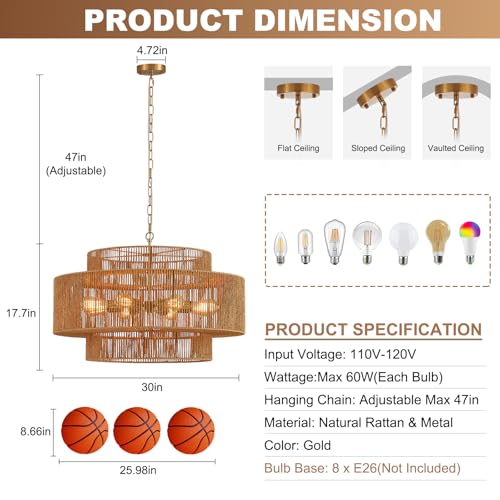 30” Large Hand-Woven Rattan Chandelier Vintage 8-Light Farmhouse Boho Bamboo Chandelier Light Fixture Retro 3-Tier Drum Wicker Rattan Golden Chandeliers for Dining Room, Kitchen, Living Room - color: Gold 30"
