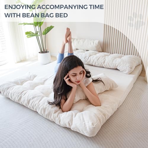 MAXYOYO Folding Sofa Bed, Tufted Bean Bag Bed with Pillows Floor Couch for Adults, Extra Thick and Long Floor Sofa, Full Floor Couch Bed for Bedroom Living Room, Beige, 54x91 Inch - color: Beige, size: Tufted Full