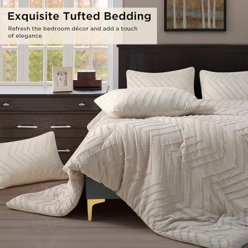 Oatmeal Tufted King Comforter Set 3 Pieces | Boho Farmhouse Bedding, All Season, Soft Microfiber, For Women Girls Teens