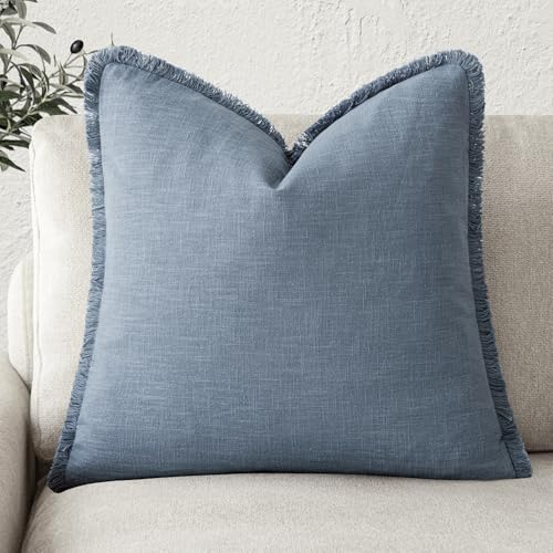 Foindtower Decorative Linen Fringe Throw Pillow Covers Cozy Boho Farmhouse Cushion Cover with Tassels Accent Pillowcase for Chair Sofa Bed Living Room Home Decor, 16×16 Inch,1PC,Misty Blue - color: Spring Lake, size: 16" x 16" (Pack of 1)