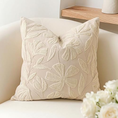 BlissBlush Decorative Throw Pillow Cover 20x20, Beige Neutral Velvet Accent Cushion Cover for Couch Sofa Living Room, Floral Tufted Square Pillowcase (Cover Only) - color: Beige Cream, size: 20" x 20" (Pack of 1)