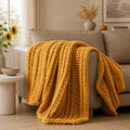 Battilo Cozy Mustard Throw Blanket 50" x 60" | Hand Knitted Chunky Knit Throw Blanket, Soft Jumbo Chenille for Couch Sofa Bed - color: Mustard
