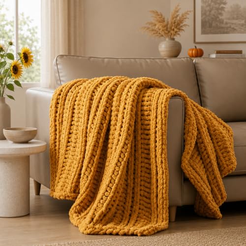 Battilo Cozy Mustard Throw Blanket 50" x 60" | Hand Knitted Chunky Knit Throw Blanket, Soft Jumbo Chenille for Couch Sofa Bed - color: Mustard