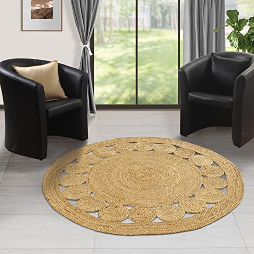 GRUHUM Round Jute Area Rug 5ft Natural Fiber Handmade Boho Charm Farmhouse Soft Braided Reversible Rustic Vintage Rugs for Indoor Ecofriendly Kitchen Bedroom Living Room Hallways Enterways(5'ft Round) - color: Natural- 28, size: 5' (Round)
