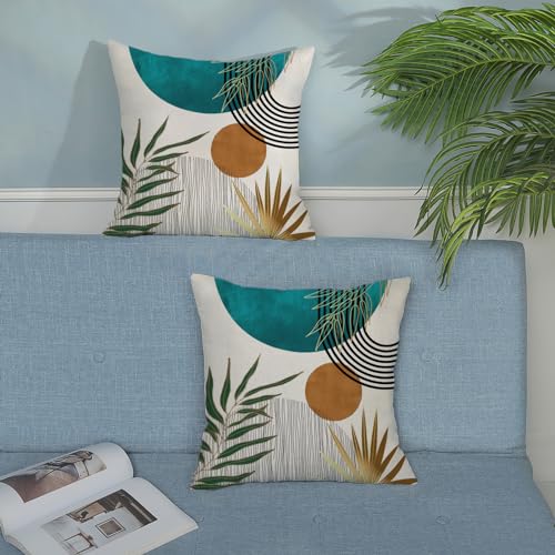 Boho Pillow Covers 16x16 Set of 2 Abstract Teal Green Gold Sunset Throw Pillow Covers Outdoor Decor Mid Century Bohemian Style Tropical Leaf Pillowcase Farmhouse Cushion Case for Sofa Couch - color: Mid-century-teal, size: 16" x 16" (Pack of 2)