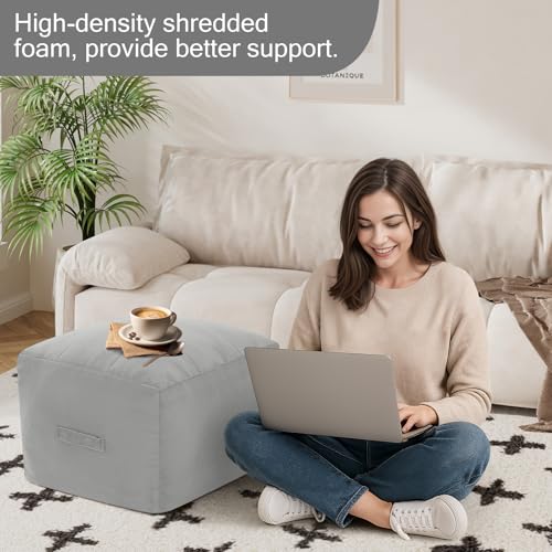 MeMoreCool Square Stuffed Pouf Ottoman Foot Rest, Floor Pouf Foot Stool with Foam Chunk Filling, Soft Stuffed Ottoman Footrest for Living Room, Light Grey - color: Grid Light Grey