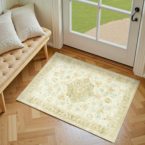 jinchan Spring Floral 2x3 Rug for Entryway - Distressed Washable Area Rug Low Pile Soft Small Non Slip Indoor Door mat Accent for Entrance Kitchen Bathroom Bedroom (2x3ft, Yellow Green/Teal) - color: Floral Yellow Green/Teal, size: 2' x 3' (Rectangular)