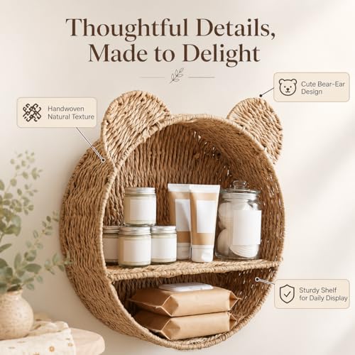 Woven Wall Basket Shelf Bear Nursery Decor — Boho Handwoven Hanging Wall Decor for Kids Room, Paper Rope Stuffed Animal Organizer, Baby Nursery Floating Shelf - color: Khaki