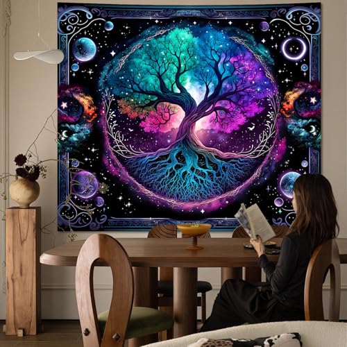 TVTLTVT Tree of Life Tapestry Sun Moon Stars Wall Hanging Boho Mandala Spiritual Wall Art Aesthetic Galaxy Wall Tapestry Nature Plant Decoration for Home Decor Bedroom Living Room Dorm Decor 59x51in - color: S02-Tree of Life